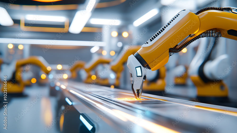 Poster futuristic factory with robotic arms working on production line, showcasing advanced technology and 