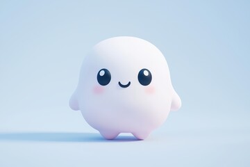 Cute, smiling ghost character in soft pastel colors, isolated against a light blue background.