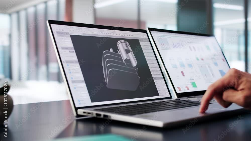Aufkleber male engineer developing mechanical parts using 3d cad software on laptop
