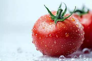 Fresh Red Tomato with Water Droplets on White Background