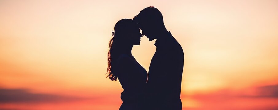 A romantic silhouette of a couple embracing against a vibrant sunset, capturing love and connection in a serene atmosphere.