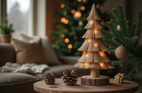 a rustic wooden Christmas tree in a cozy living room with a sustainable decor theme