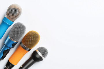 Colorful microphones arranged in row on clean background, showcasing various styles and designs. Perfect for music, events, or broadcasting themes