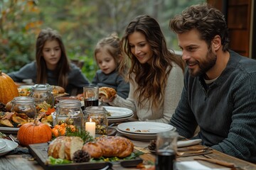 Fototapeta premium Sustainable Thanksgiving: Family Gathered Around a Large Eco-Friendly Thanksgiving Table Set with Reusable Plates and Utensils