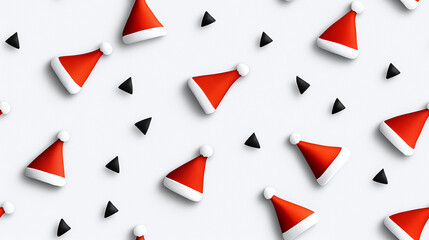 Obraz premium Festive red and white Christmas hats scattered among black triangles create cheerful holiday pattern. Perfect for seasonal designs and decorations