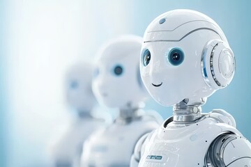 Naklejka premium Friendly futuristic robots with bright smiles, showcasing advanced design and technology against a soft blue background.
