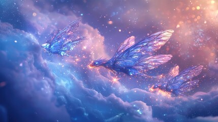 Fototapeta premium A flock of azure avians soaring through a hazy atmosphere, with celestial bodies and cumulus formations surrounding them