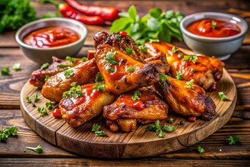 Fototapeta premium Delicious Grilled BBQ Chicken Wings with Spicy Sauce and Fresh Herbs on Rustic Wooden Board for Summer Cookouts