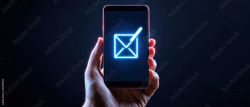 Poster hand holding smartphone displaying a glowing checkmark icon, symbolizing digital approval or verific