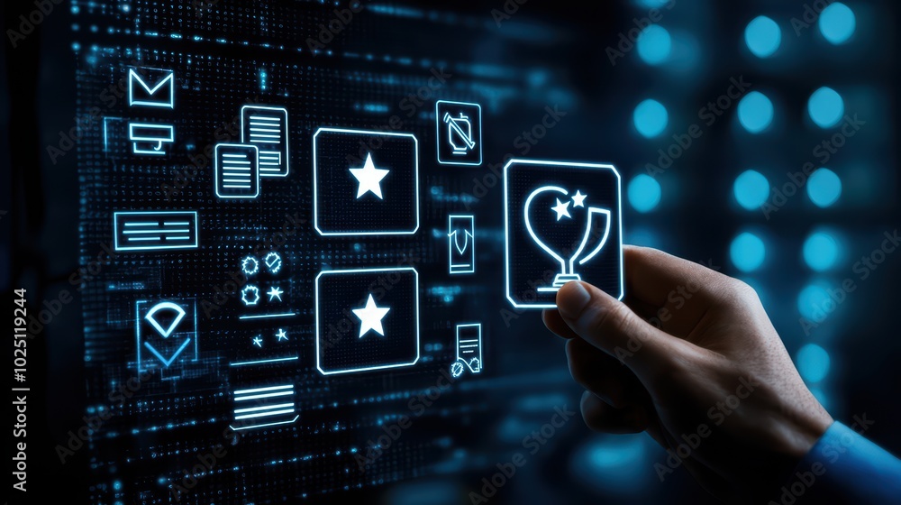 Poster hand interacting with digital interface featuring icons and symbols on a futuristic background.