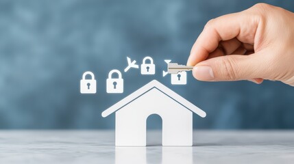Hand placing key on house model with security icons, symbolizing home safety and protection.