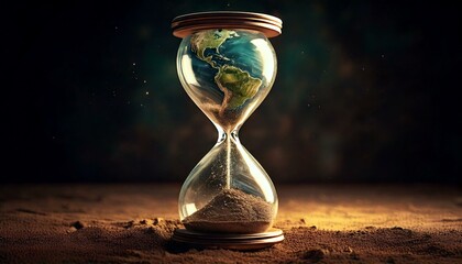 An hourglass with the planet Earth gradually dissolving into sand, symbolizing the urgency of ecological preservation and the impact of global warming