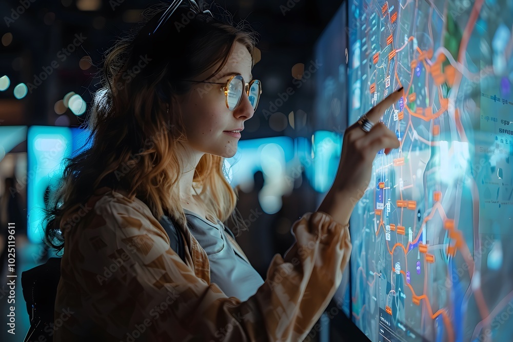 Poster engaging with interactive technology: a woman analyzing data on a digital display