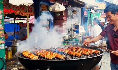 British Man Grilling Skewers at Singapore Street Food Stall