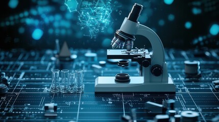 Modern microscope on a digital background, showcasing advanced technology and scientific research.