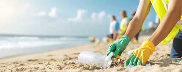 A volunteer cleans up plastic waste on a sunny beach, promoting environmental awareness and ocean conservation.