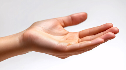 Woman's hand holding something empty,back side, isolated on white background.
