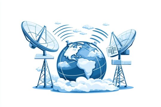 recommend clip art: Satellite dishes sending signals around a globe, surrounded by clouds. Blue color scheme on a white isolated background.