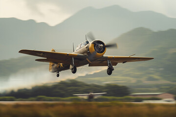 Classic plane taking off from small airport