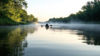 Naklejka premium A serene morning scene of a lone kayaker paddling on a misty river surrounded by lush greenery.
