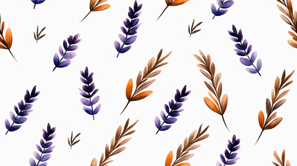 Watercolor lavender sprigs in minimalist style create serene and elegant pattern. blend of purple and brown hues adds touch of sophistication to any design