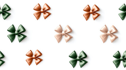 Obraz premium Minimalist bows in soft red, green, and brown create charming pattern on white background, perfect for festive occasions and gift wrapping