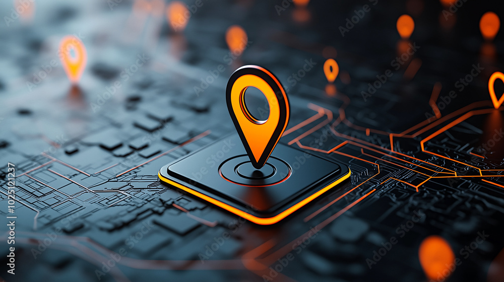 Poster 3d location icon with orange glow stands out on dark map, symbolizing navigation and connectivity. t