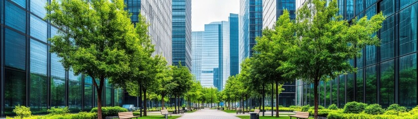 Fototapeta premium A scenic view of a modern urban pathway lined with lush trees and sleek glass skyscrapers under a clear blue sky.
