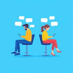 Two individuals engaged in conversation on their smartphones, surrounded by chat bubbles, set against a bright blue background.