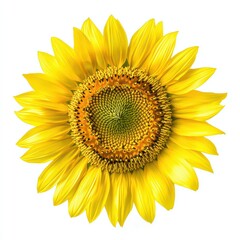 Fototapeta premium Vibrant sunflower with a bright yellow hue, showcasing its intricate seed pattern against a white background.