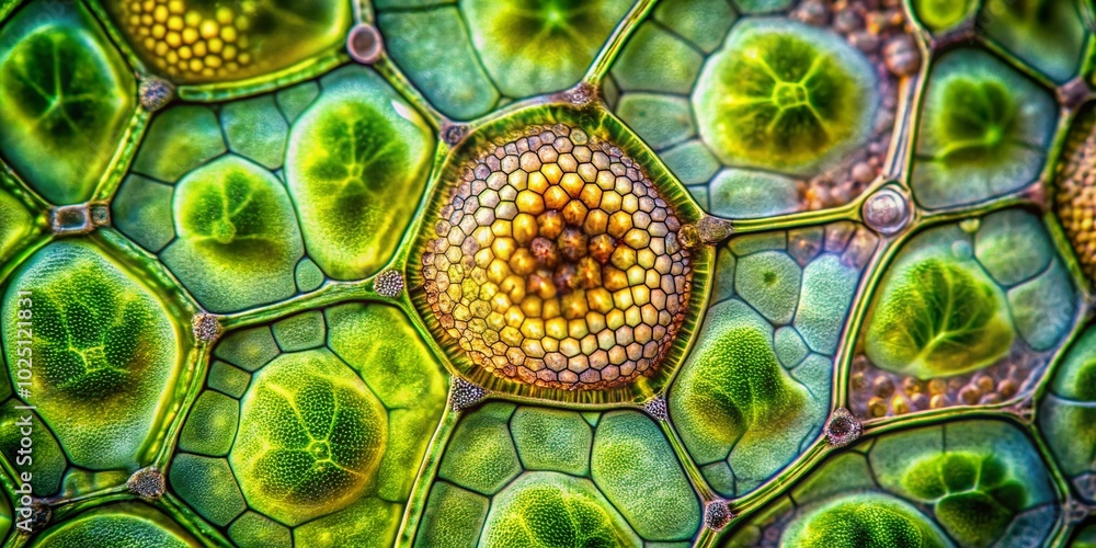 Poster detailed close-up of plant cells under a microscope showcasing intricate structures and textures