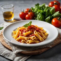 Delicious juicy pasta with Tomato Sauce with some salad served and plate pasta dish