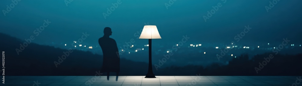Aufkleber a serene night scene featuring a lamp illuminating a figure against a backdrop of distant lights, cr