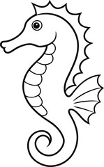 Sea horse and fish outline vector art illustration design, simple objects isolated on white background. Hand drawn colouring page.