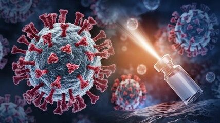 A photo of a viral pathogen magnified under a microscope, demonstrating its complex molecular structure. Next to it is a bottle of medicine and a ray of light, a symbol of hope and healing.