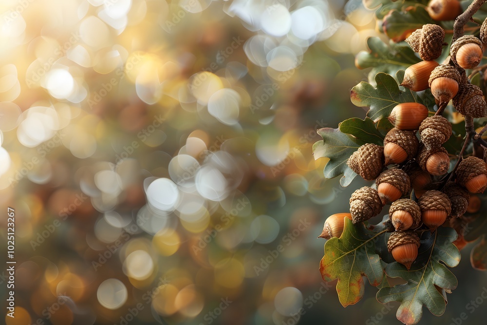 Poster beautiful acorns hanging from oak branches with a soft bokeh background
