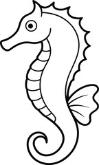 Sea horse and fish outline vector art illustration design, simple objects isolated on white background. Hand drawn colouring page.