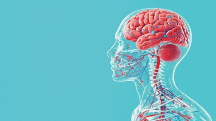Detailed illustration of a human brain and nervous system showcasing anatomical features in a modern design.