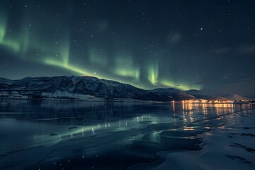 Naklejka premium Breathtaking Northern Lights Over a Snowy Landscape at Night