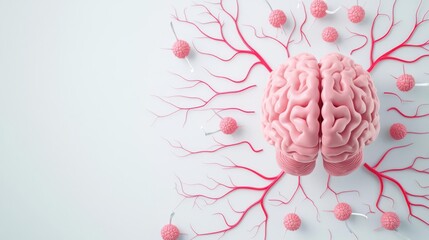 A conceptual representation of a brain with red neurons and cells illustrating neural connections and brain functions.