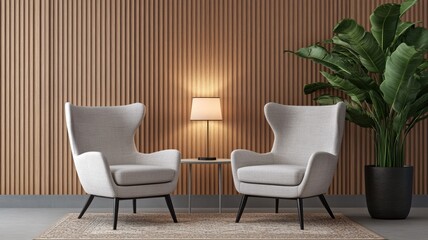 Elegant living room setup featuring two stylish chairs, a lamp, and a lush plant against a modern wooden wall.