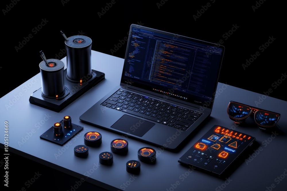Aufkleber Ethical hacking tools placed simply on a clean desk, with a laptop open to a command-line interface, ready for a security assessment