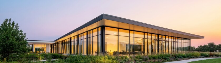 Modern building with glass facade at sunset, surrounded by greenery. Perfect for showcasing contemporary architecture.