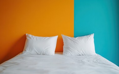 Close-up shot of the bed, highlighting the texture of the bedding and the details of the minimalist design. 