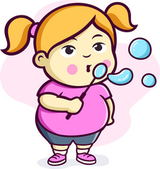 Cute Little Girl Playing Bubble Cartoon Illustration