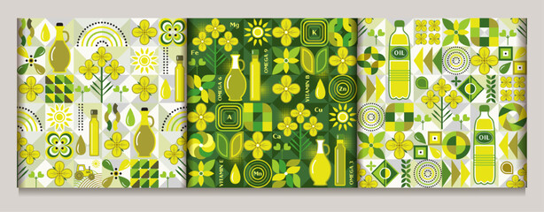 Set of seamless patterns with icons of rape, rapeseed oil, abstract geometric shapes on mosaic background. For branding, decoration of food packaging, decorative prints for kitchen