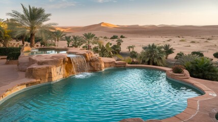  A luxurious oasis in the middle of a desert landscape. A turquoise oasis with a cascading waterfall. Lush palm trees and greenery surround the area, creating a contrast with the arid surroundings.