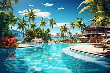 Fototapeta premium Excellent Tranquil Tropical Resort Pool with Swaying Palm Trees