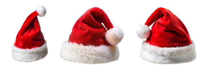Set of Santa Claus hats with fluffy pompom and white fur trim isolated on white transparent background, PNG element