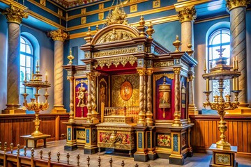 Obraz premium Detailed Tabernacle Illustration for Religious Study, Featuring Sacred Artifacts and Symbolic Elements in a Vibrant